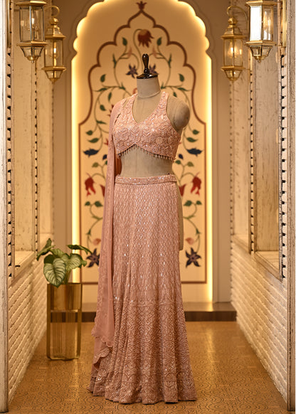 Ruhi Peach Halter Sharara Set with Dupatta