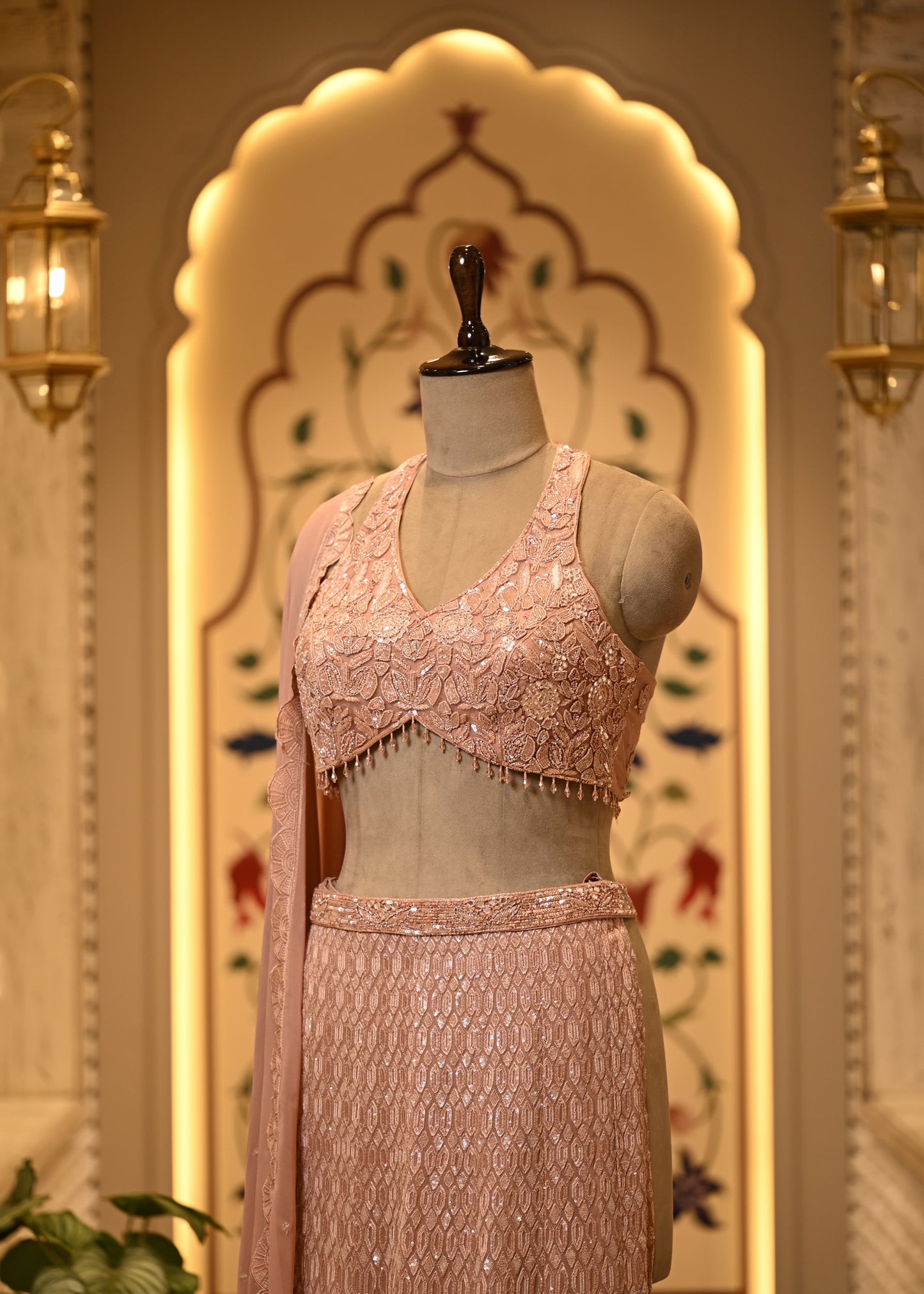 Ruhi Peach Halter Sharara Set with Dupatta