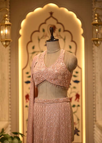 Ruhi Peach Halter Sharara Set with Dupatta