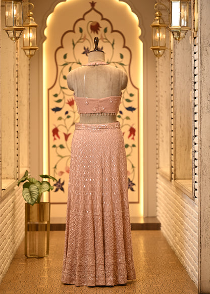 Ruhi Peach Halter Sharara Set with Dupatta