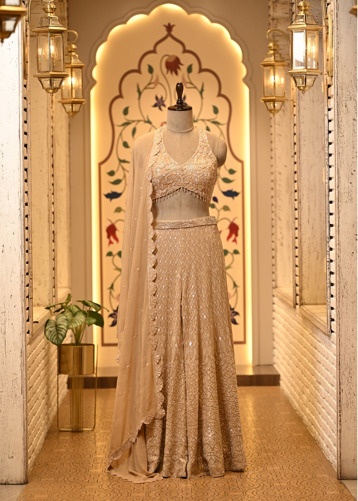 Sitara Champagne Halter Sharara Set with Dupatta