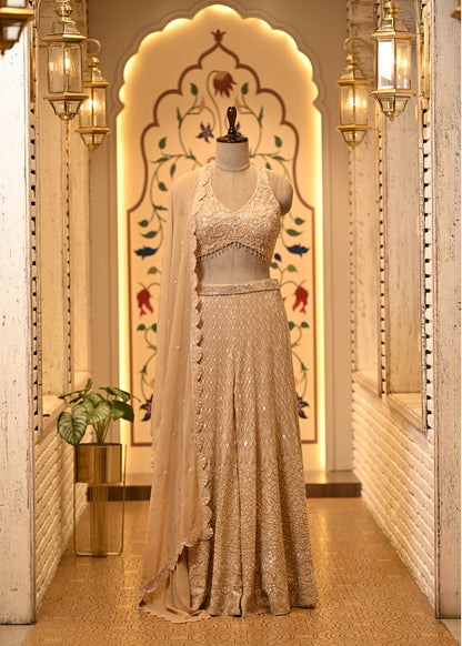 Sitara Champagne Halter Sharara Set with Dupatta