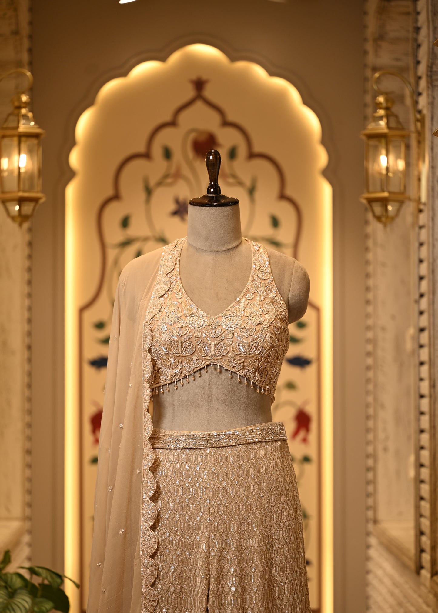 Sitara Champagne Halter Sharara Set with Dupatta