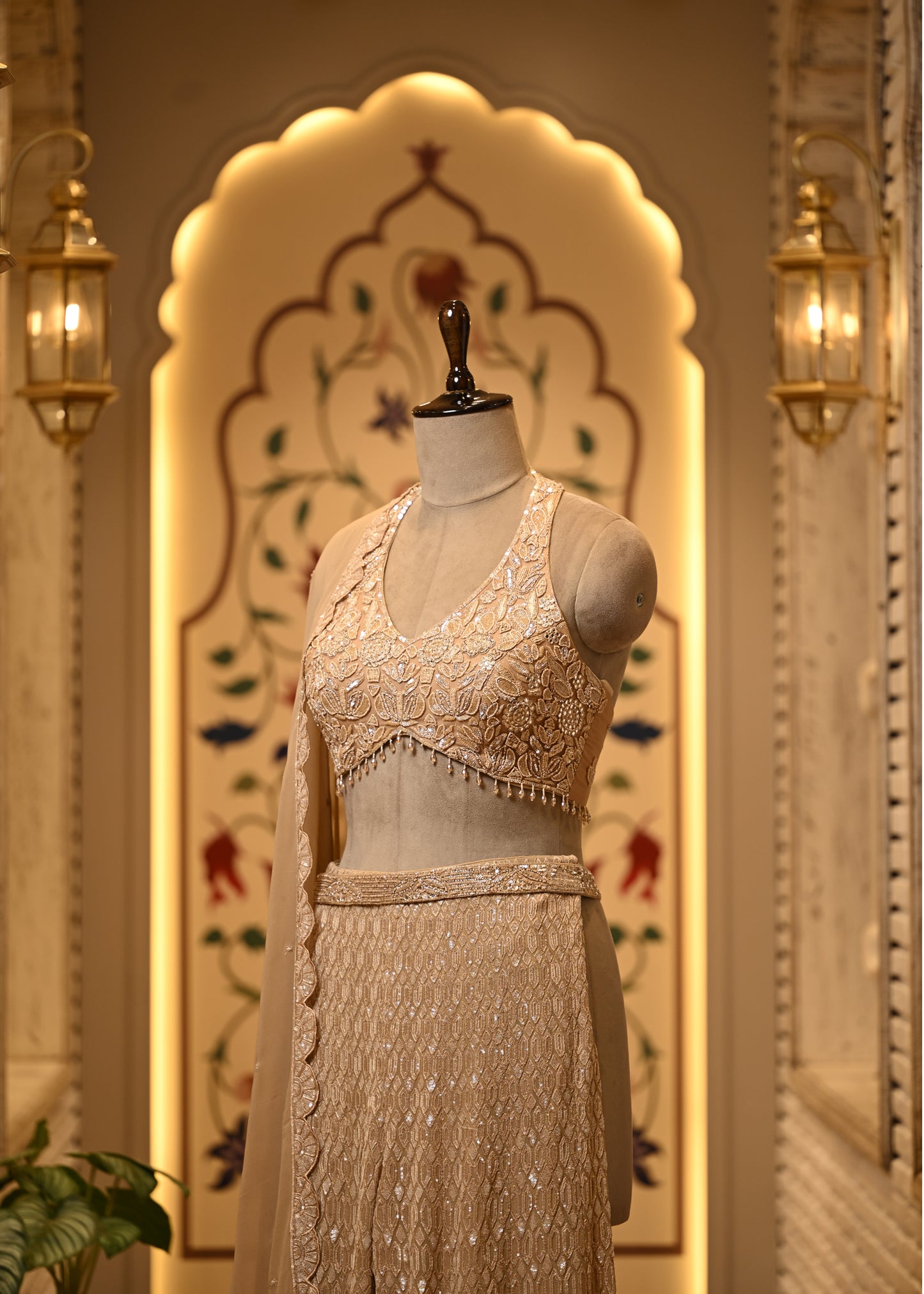 Sitara Champagne Halter Sharara Set with Dupatta