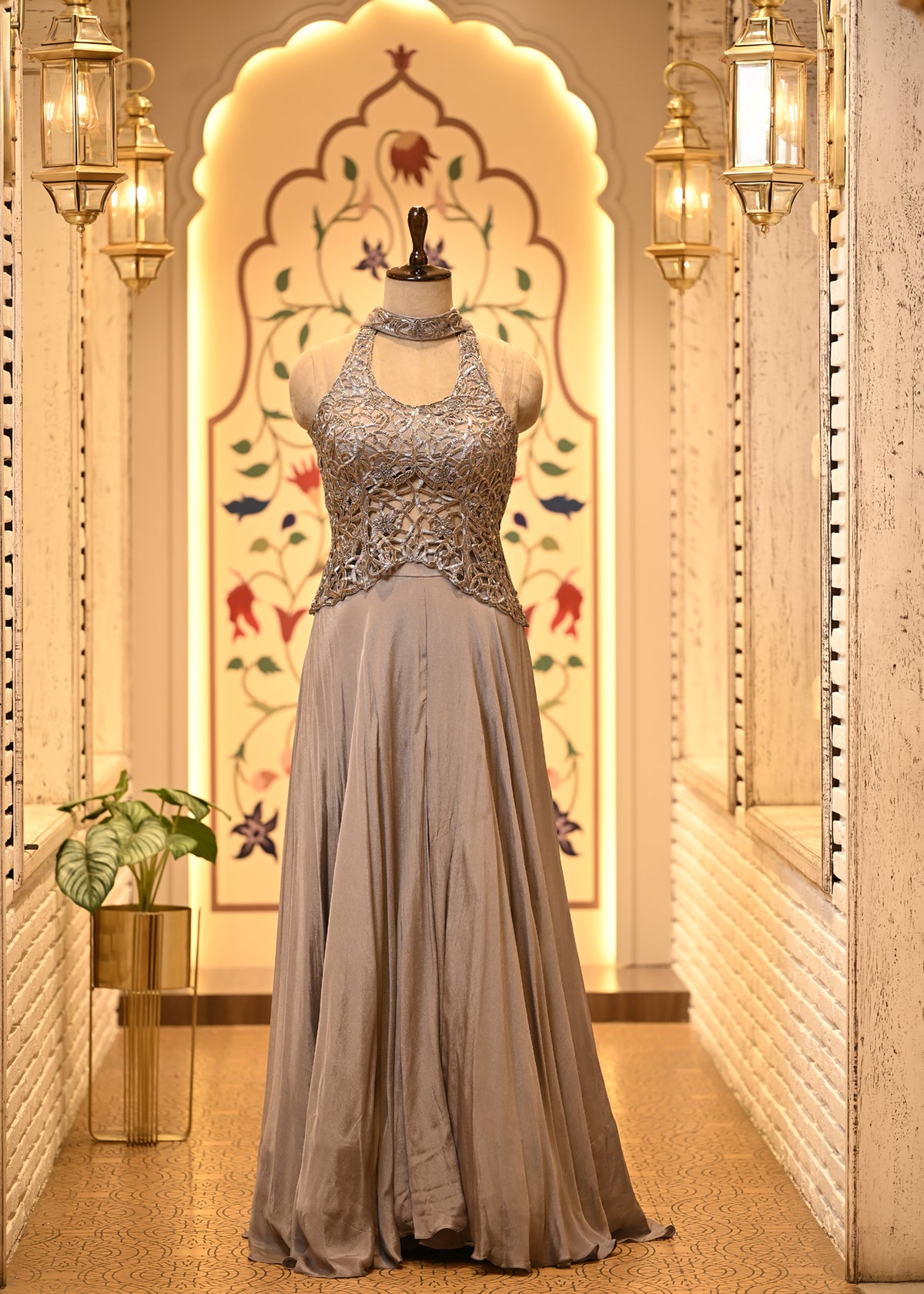 Siya Silver Grey Cutwork Corset Fusion Set with Dupatta
