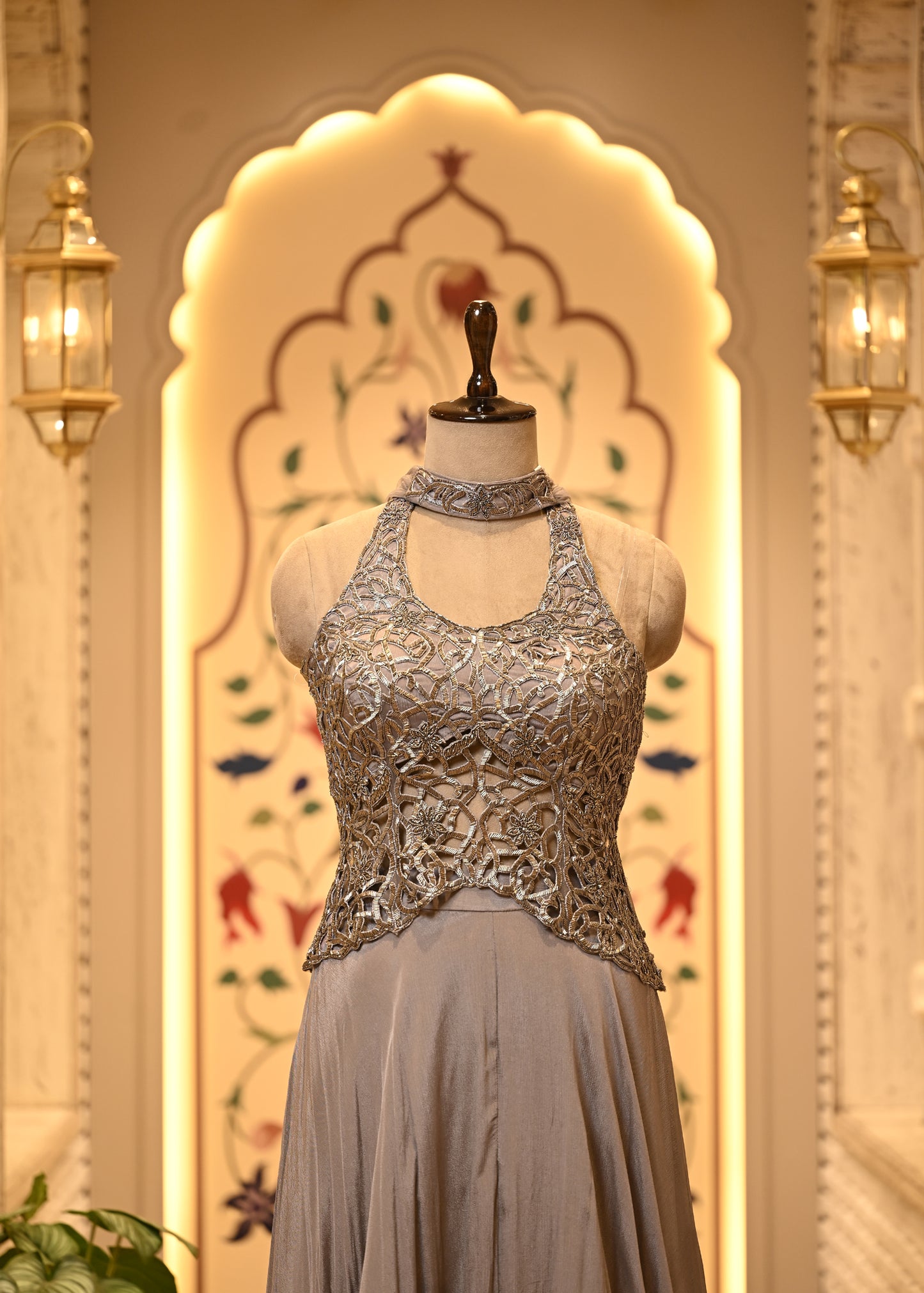 Siya Silver Grey Cutwork Corset Fusion Set with Dupatta