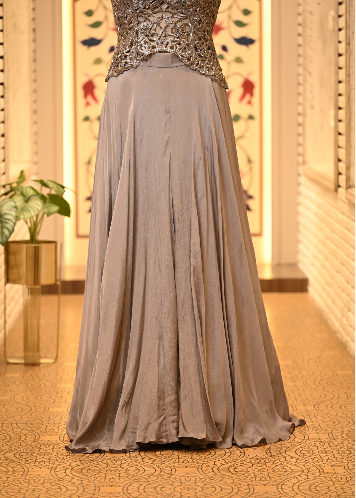 Siya Silver Grey Cutwork Corset Fusion Set with Dupatta