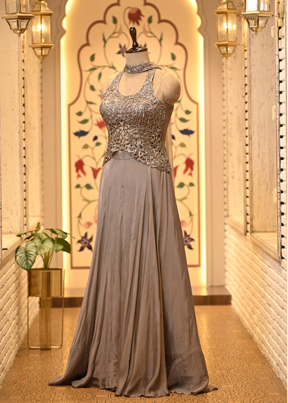 Siya Silver Grey Cutwork Corset Fusion Set with Dupatta