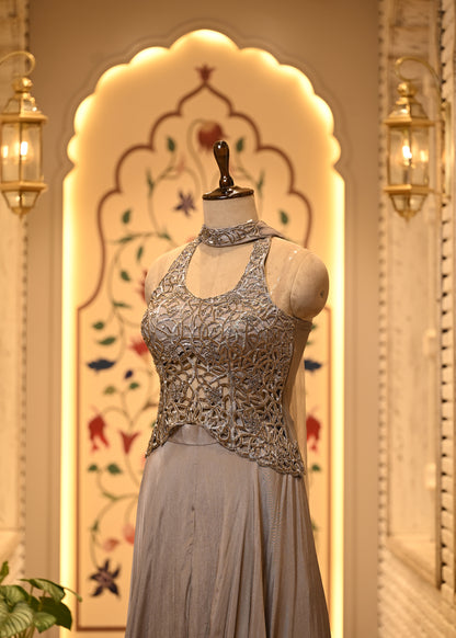 Siya Silver Grey Cutwork Corset Fusion Set with Dupatta