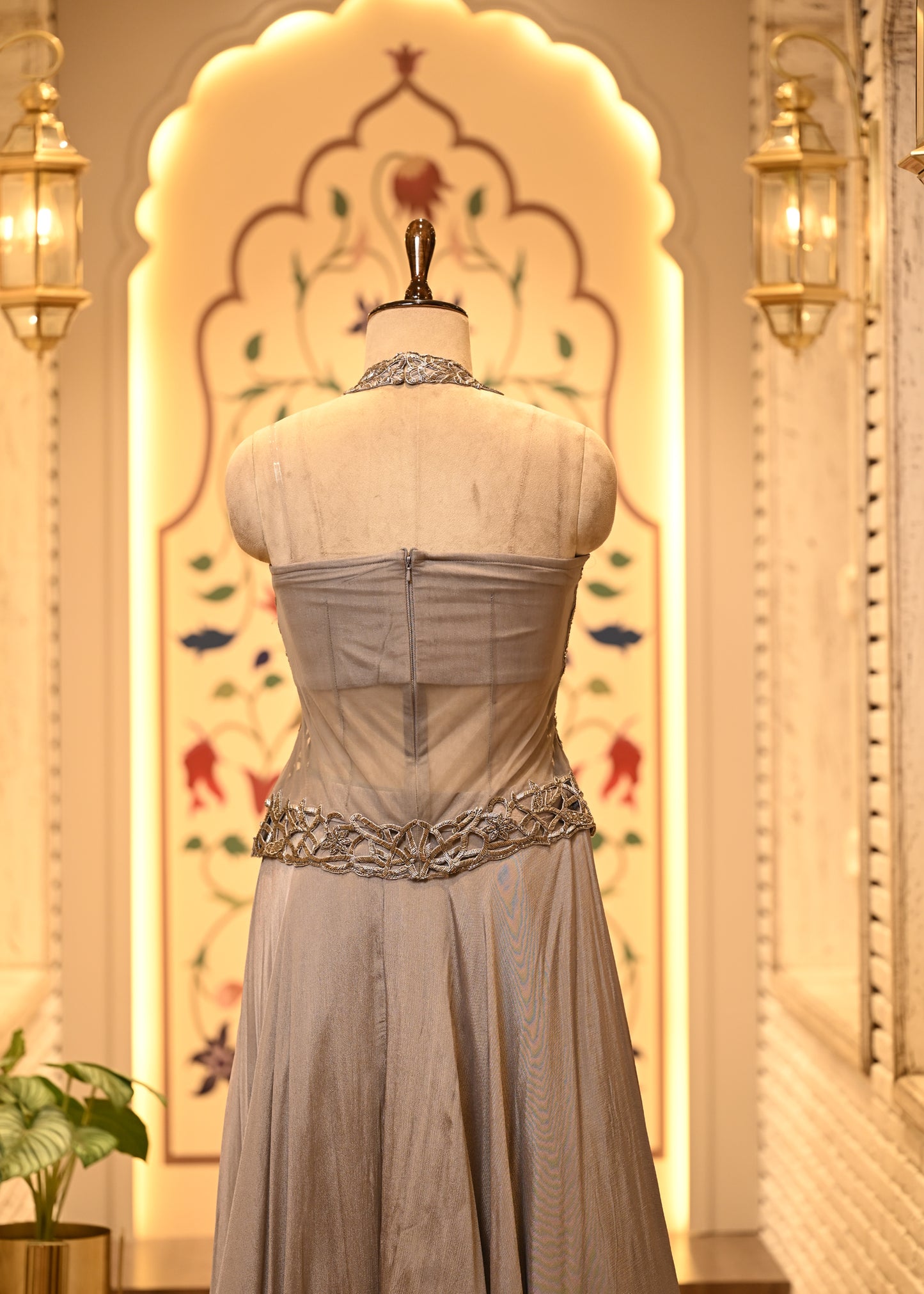 Siya Silver Grey Cutwork Corset Fusion Set with Dupatta