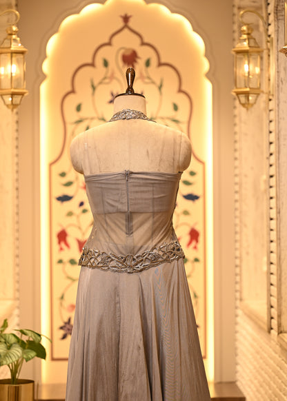 Siya Silver Grey Cutwork Corset Fusion Set with Dupatta