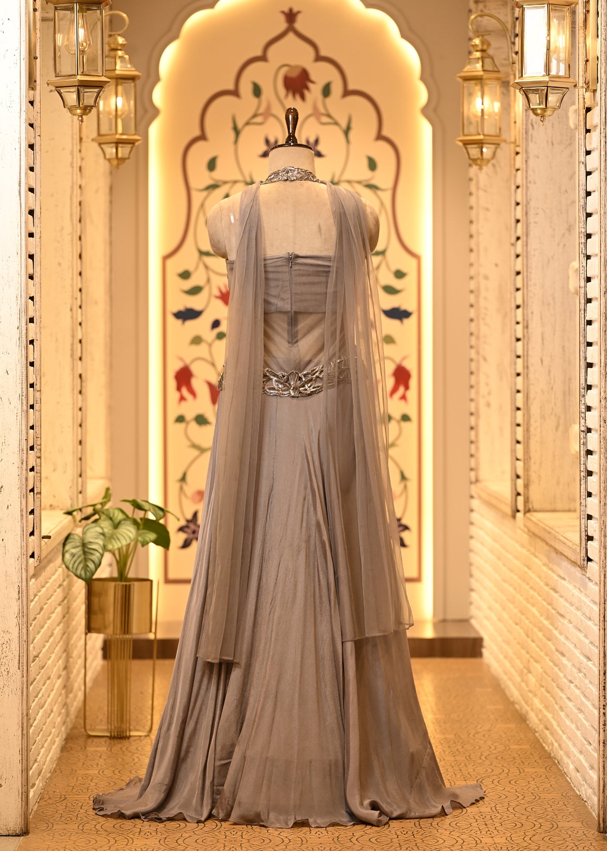 Siya Silver Grey Cutwork Corset Fusion Set with Dupatta