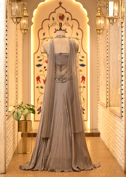 Siya Silver Grey Cutwork Corset Fusion Set with Dupatta