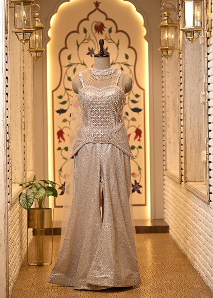 Zara Pearl Ivory Corset Peplum Set with Flared Palazzo & Choker Dupatta