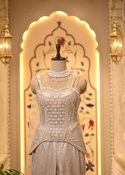 Zara Pearl Ivory Corset Peplum Set with Flared Palazzo & Choker Dupatta