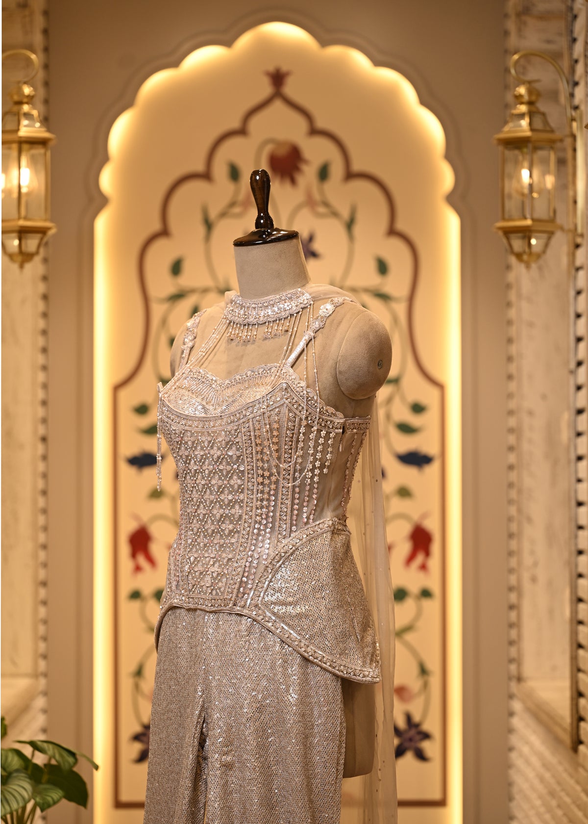 Zara Pearl Ivory Corset Peplum Set with Flared Palazzo & Choker Dupatta