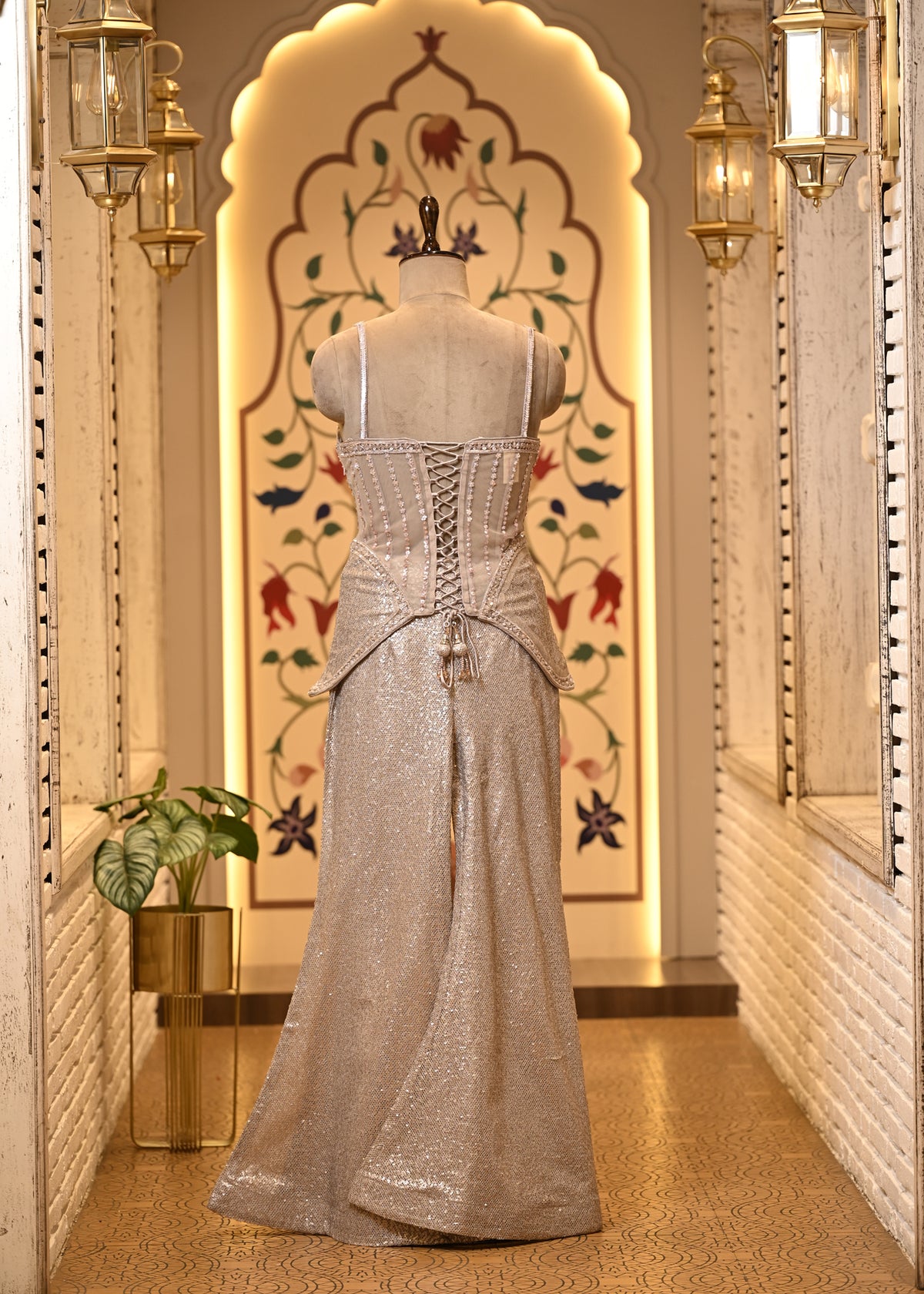 Zara Pearl Ivory Corset Peplum Set with Flared Palazzo & Choker Dupatta