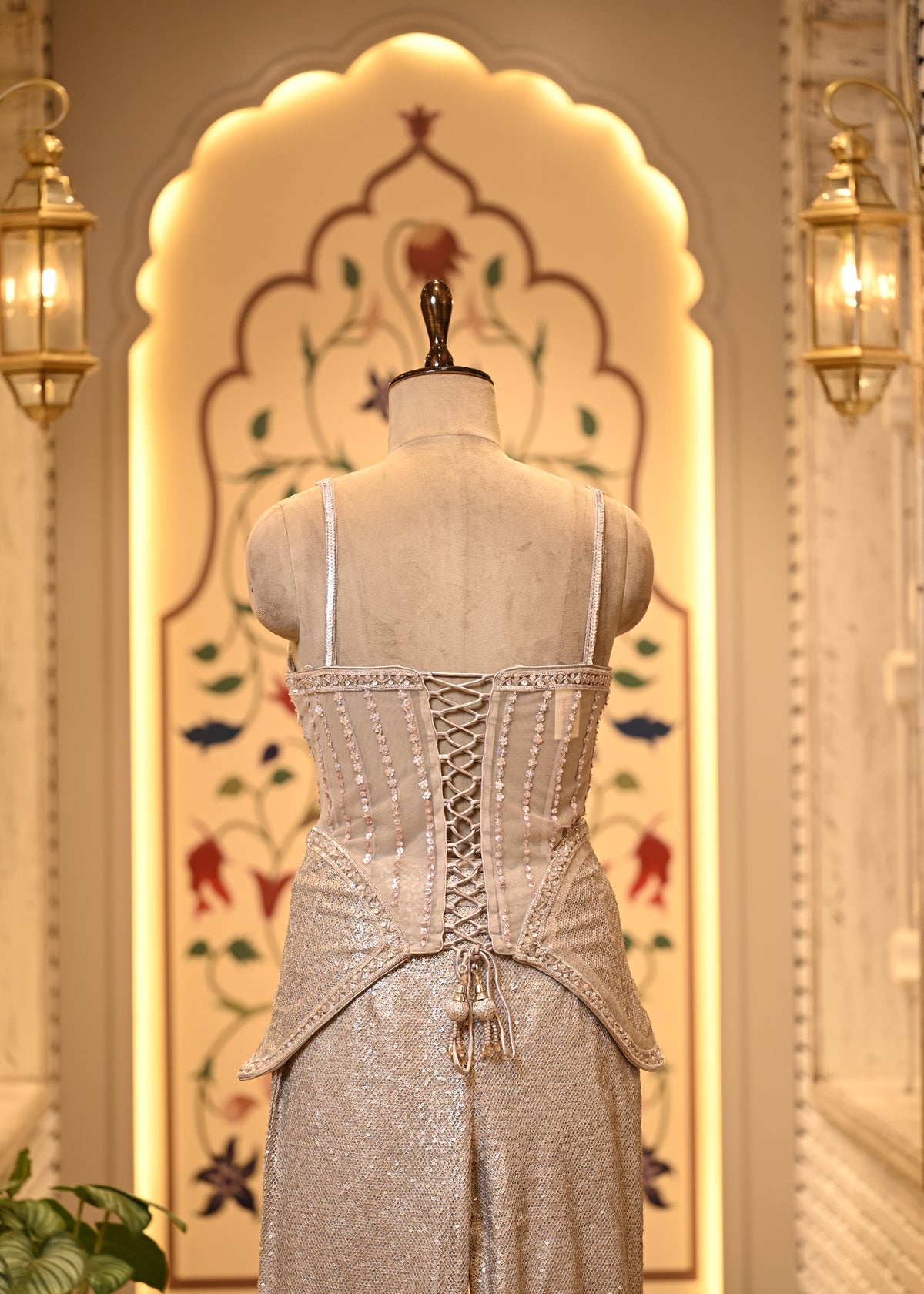 Zara Pearl Ivory Corset Peplum Set with Flared Palazzo & Choker Dupatta