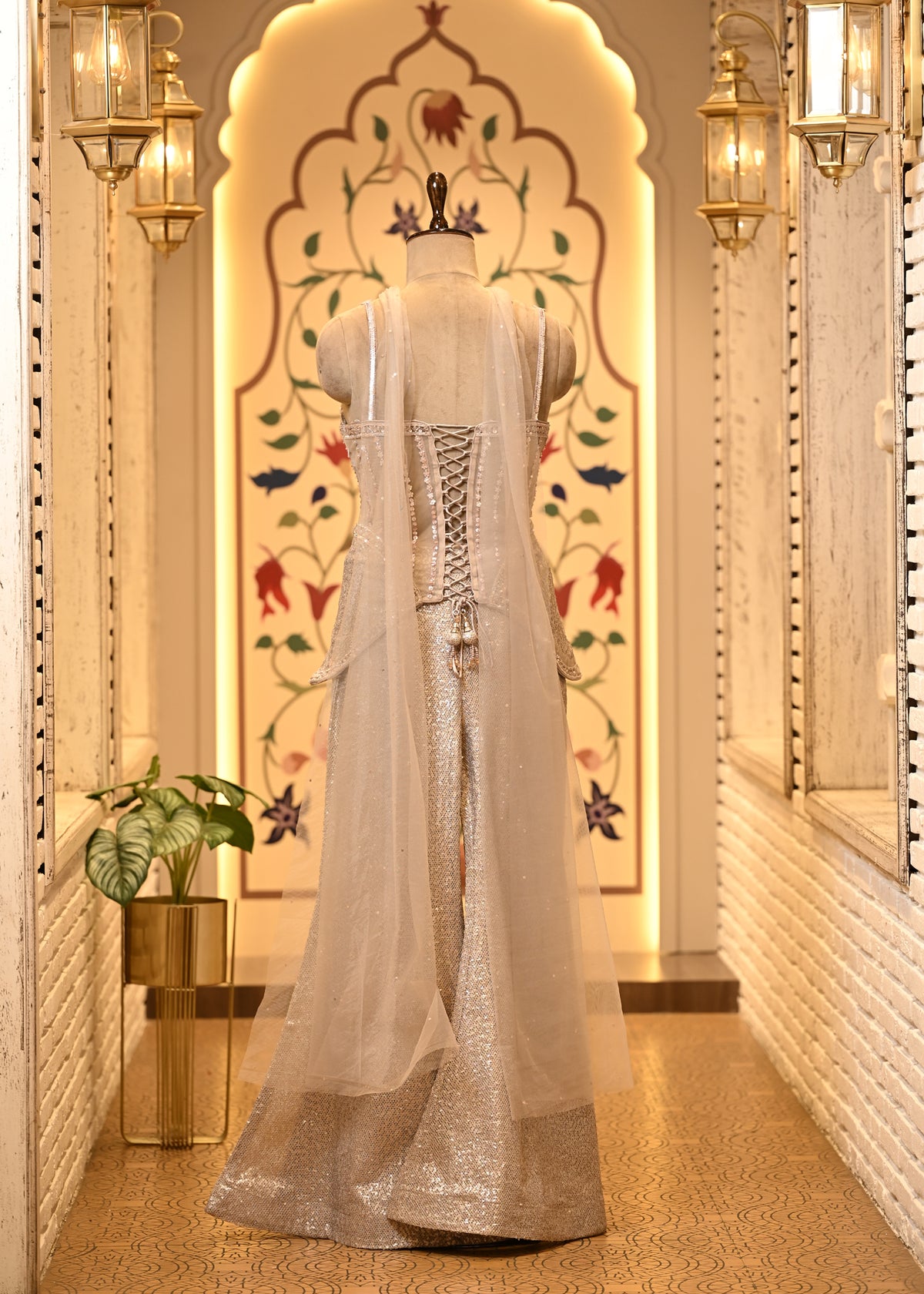 Zara Pearl Ivory Corset Peplum Set with Flared Palazzo & Choker Dupatta