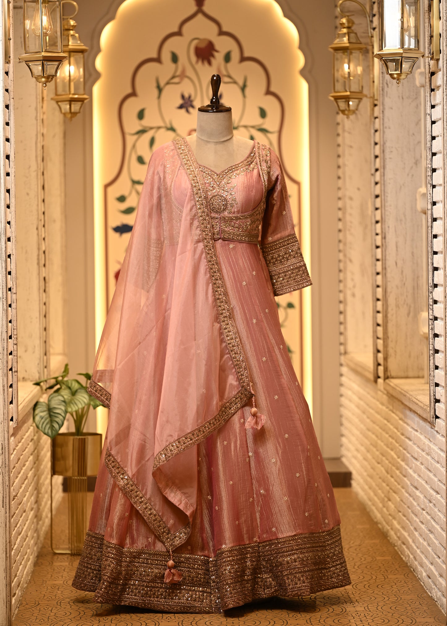 Meera Rose Pink Tissue Silk Anarkali Set with Dupatta