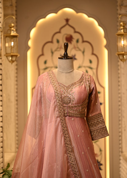 Meera Rose Pink Tissue Silk Anarkali Set with Dupatta