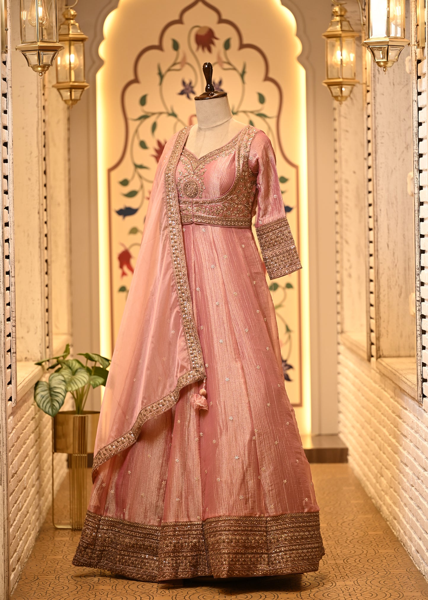 Meera Rose Pink Tissue Silk Anarkali Set with Dupatta
