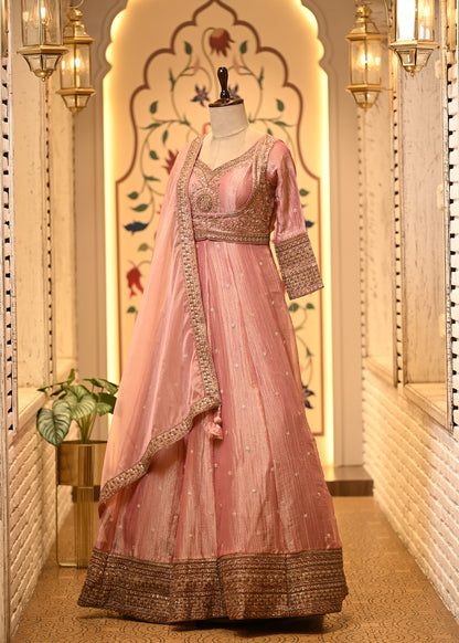 Meera Rose Pink Tissue Silk Anarkali Set with Dupatta