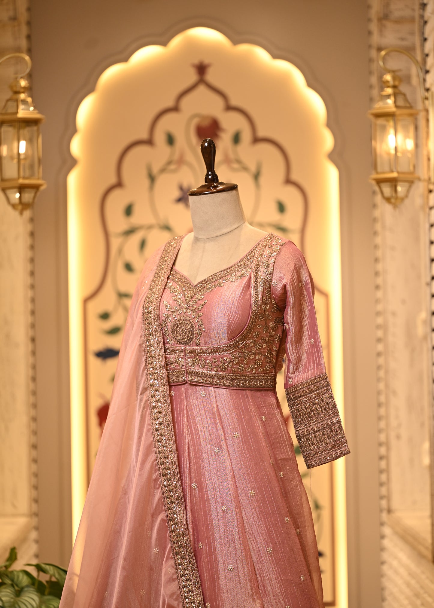 Meera Rose Pink Tissue Silk Anarkali Set with Dupatta