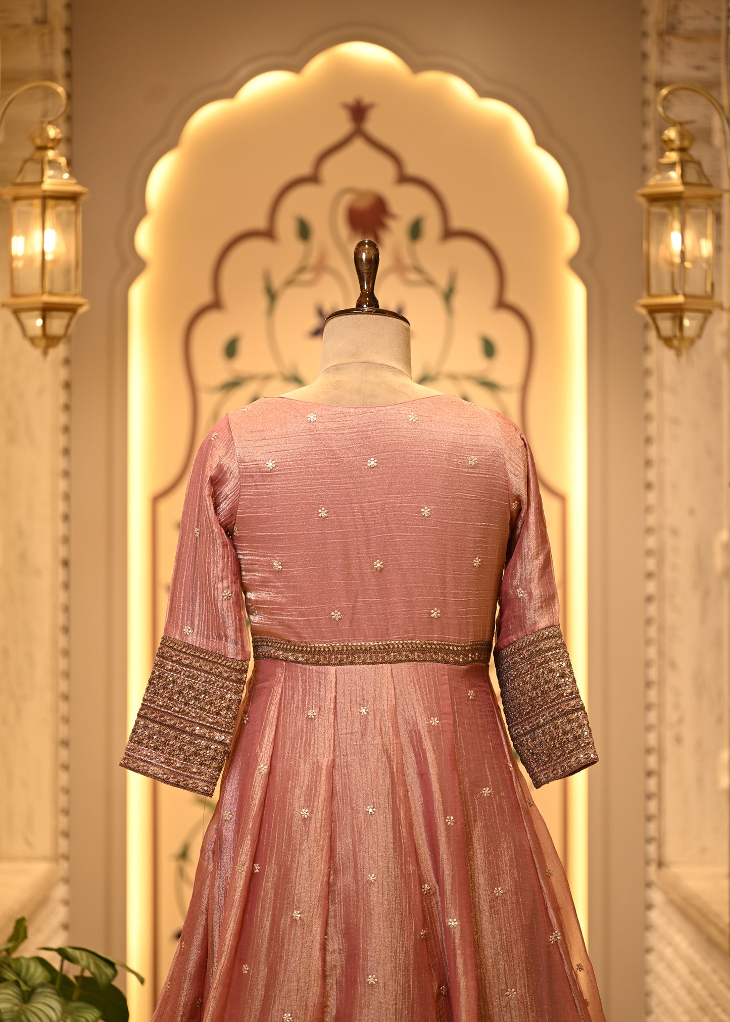 Meera Rose Pink Tissue Silk Anarkali Set with Dupatta