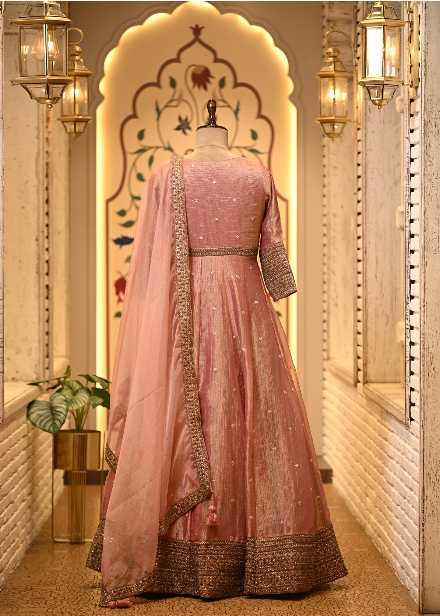 Meera Rose Pink Tissue Silk Anarkali Set with Dupatta
