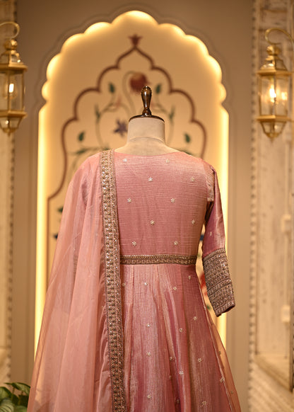 Meera Rose Pink Tissue Silk Anarkali Set with Dupatta