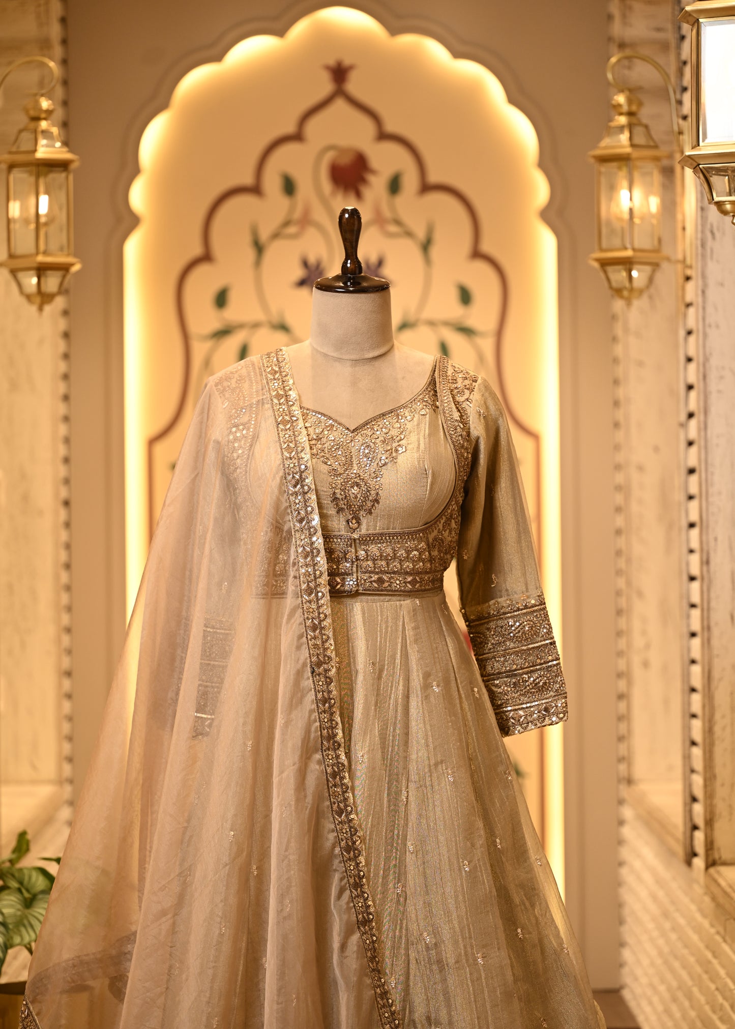 Nitya Champagne Gold Tissue Silk Anarkali Set with Dupatta