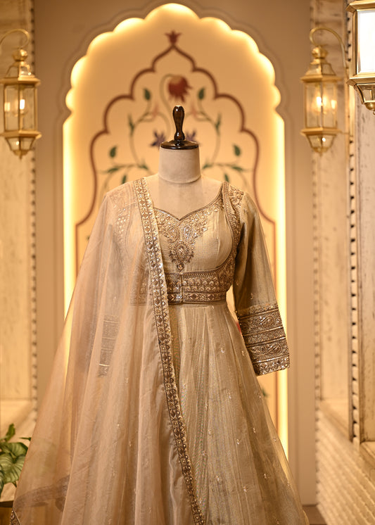 Nitya Champagne Gold Tissue Silk Anarkali Set with Dupatta