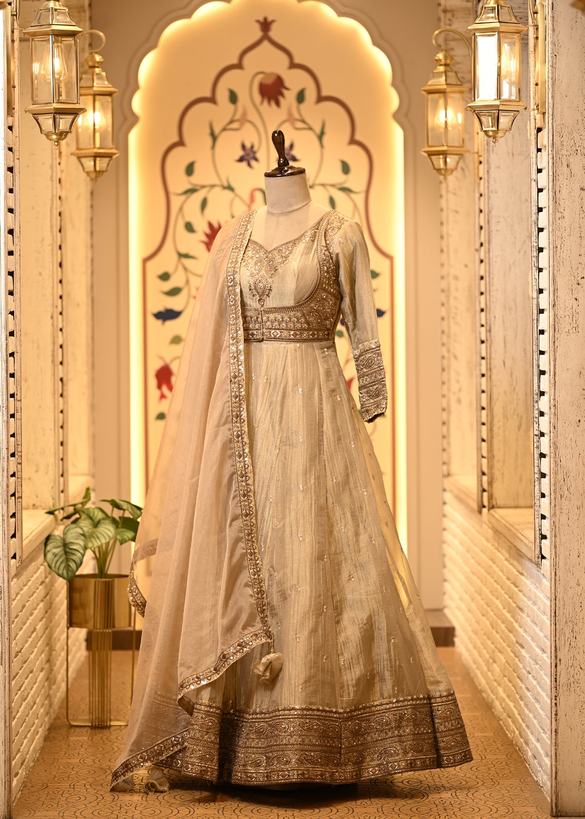 Nitya Champagne Gold Tissue Silk Anarkali Set with Dupatta