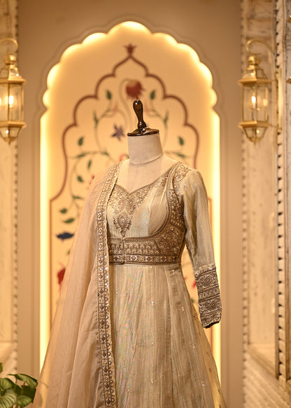 Nitya Champagne Gold Tissue Silk Anarkali Set with Dupatta
