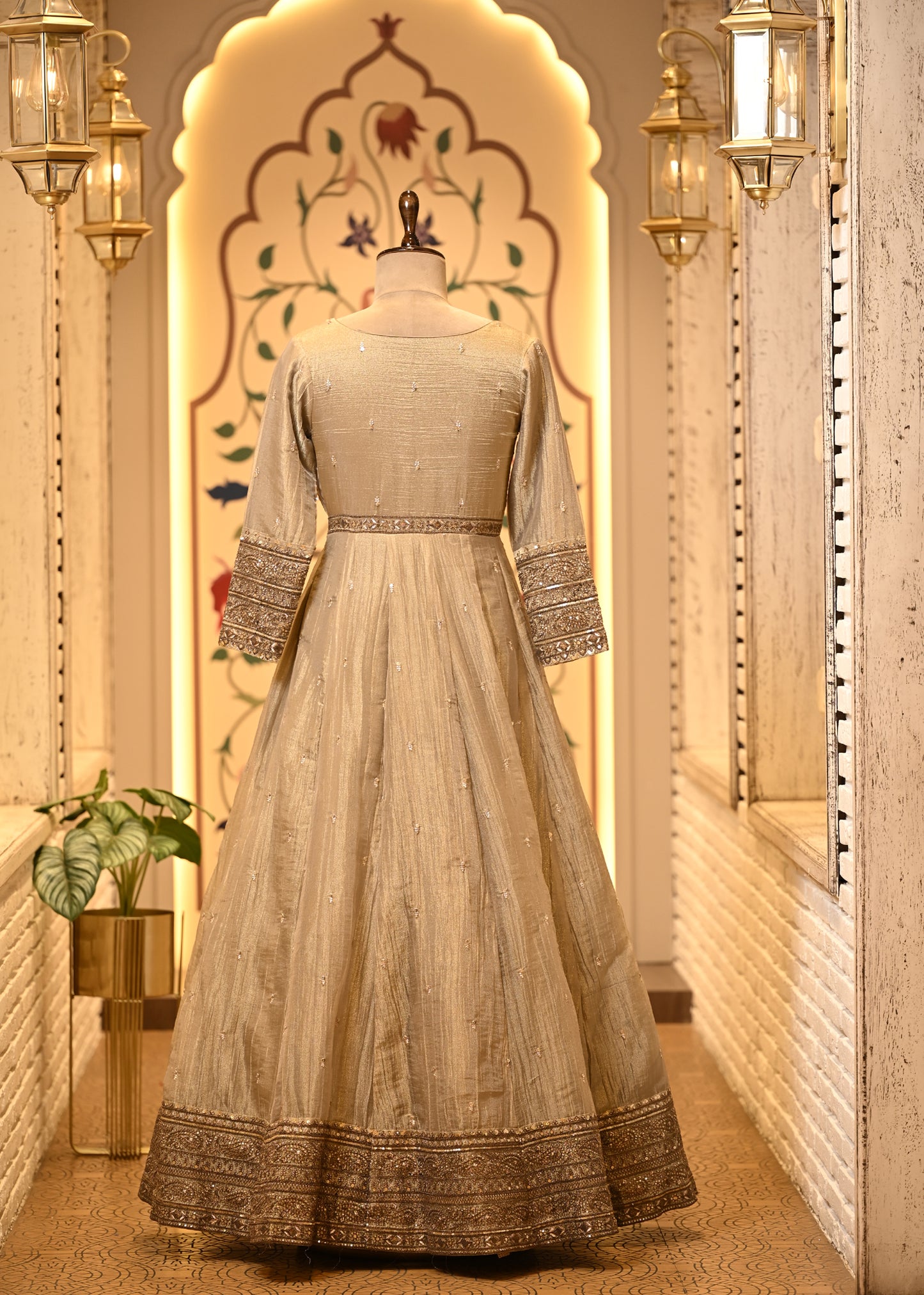 Nitya Champagne Gold Tissue Silk Anarkali Set with Dupatta