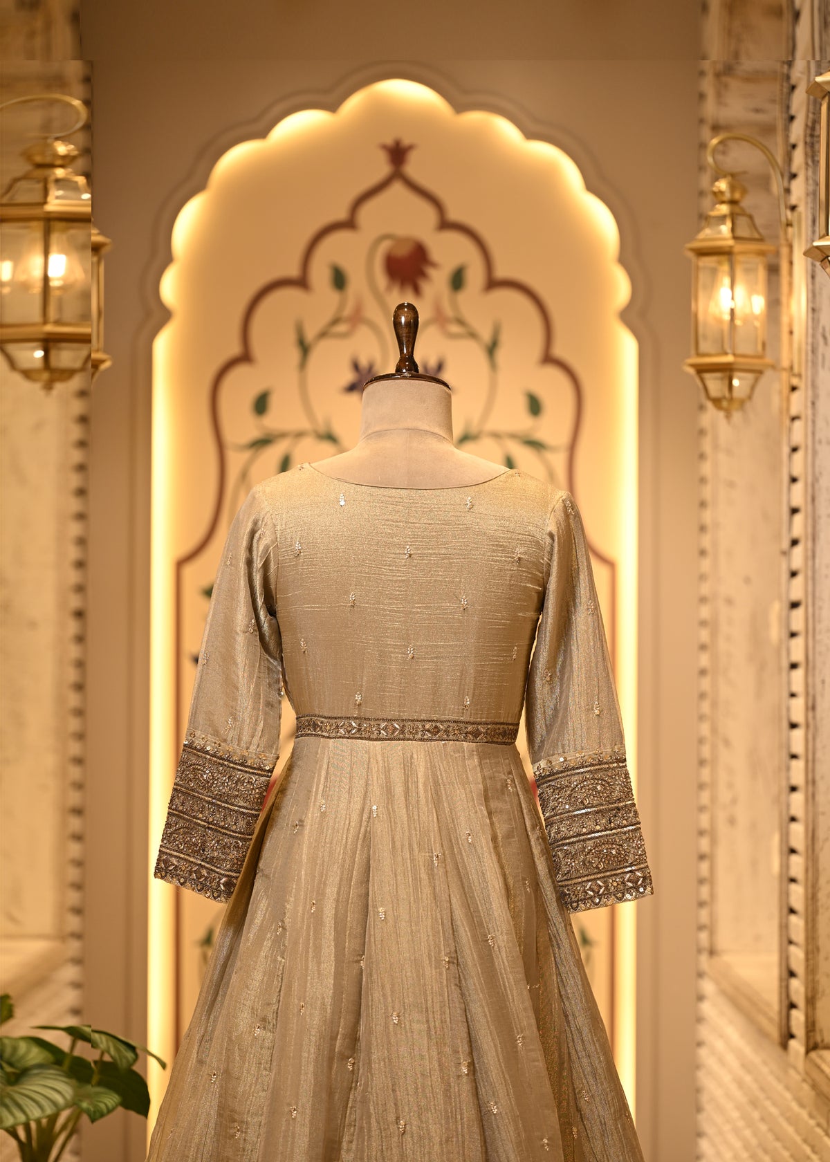 Nitya Champagne Gold Tissue Silk Anarkali Set with Dupatta