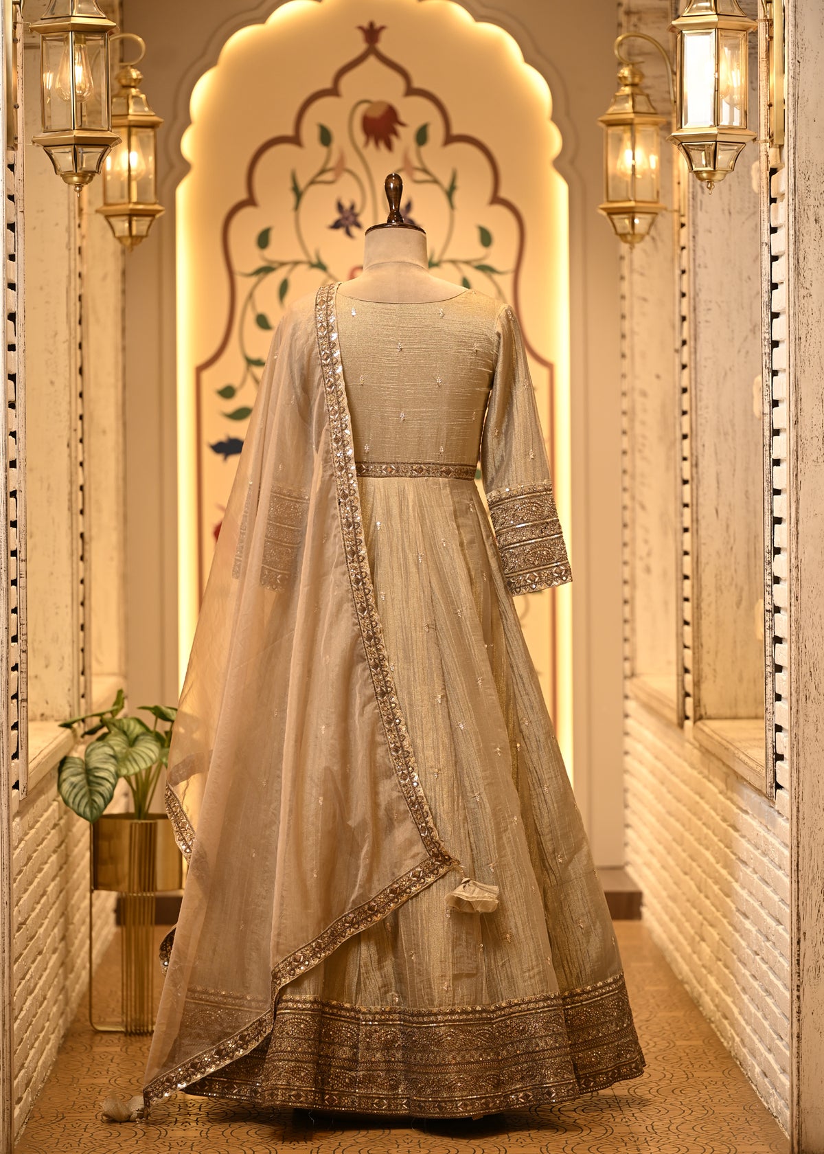Nitya Champagne Gold Tissue Silk Anarkali Set with Dupatta
