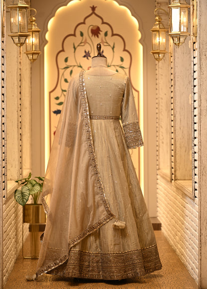 Nitya Champagne Gold Tissue Silk Anarkali Set with Dupatta