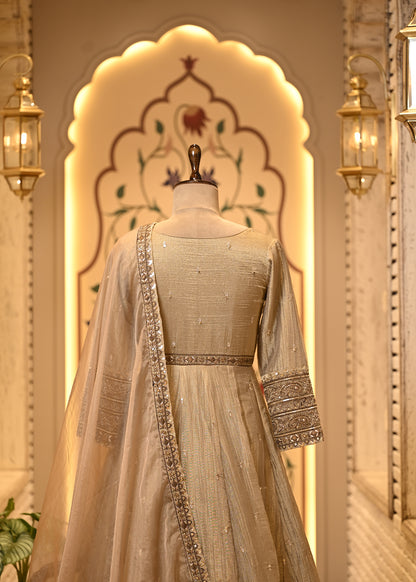 Nitya Champagne Gold Tissue Silk Anarkali Set with Dupatta