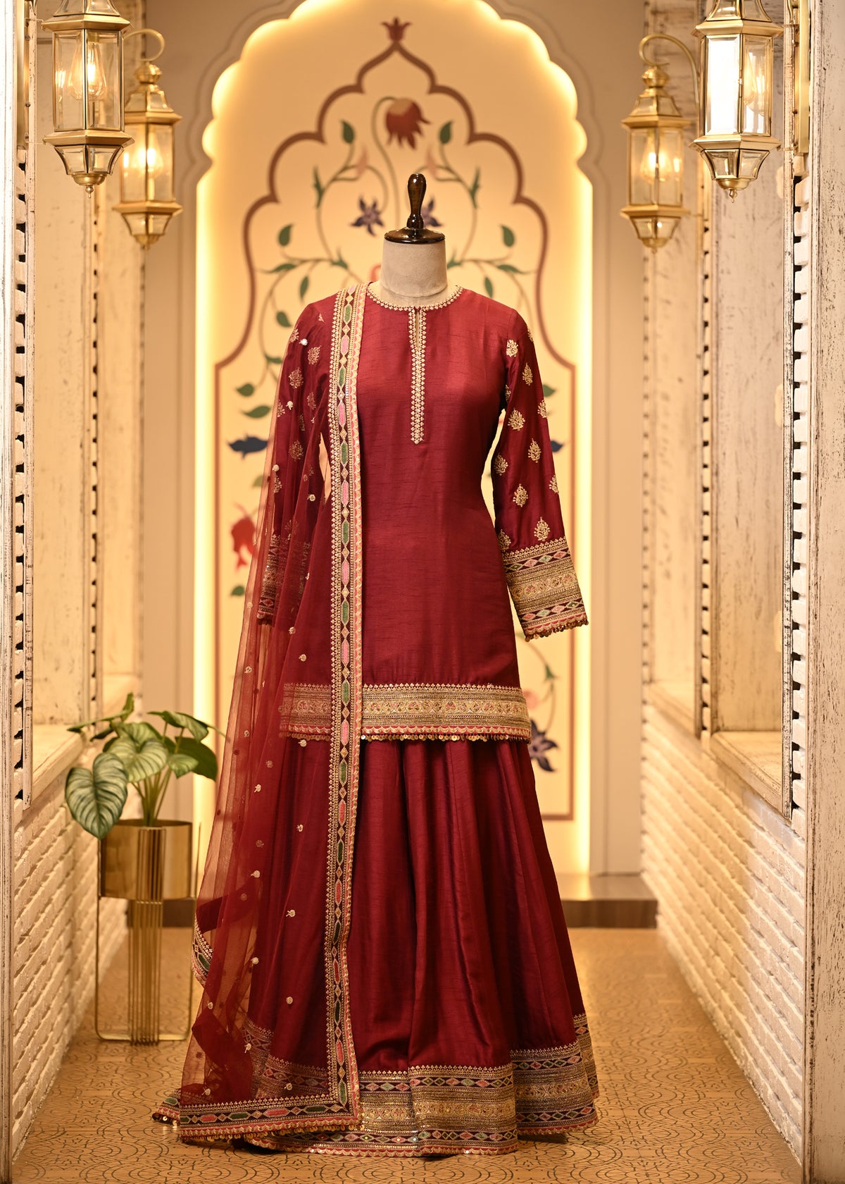 Niharika Maroon Raw Silk Suit Set with Sharara & Dupatta