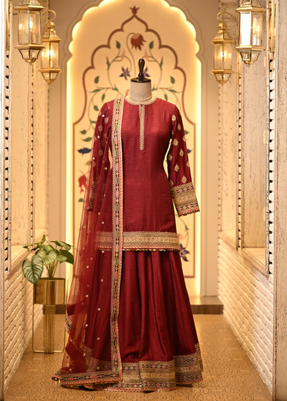 Niharika Maroon Raw Silk Suit Set with Sharara & Dupatta