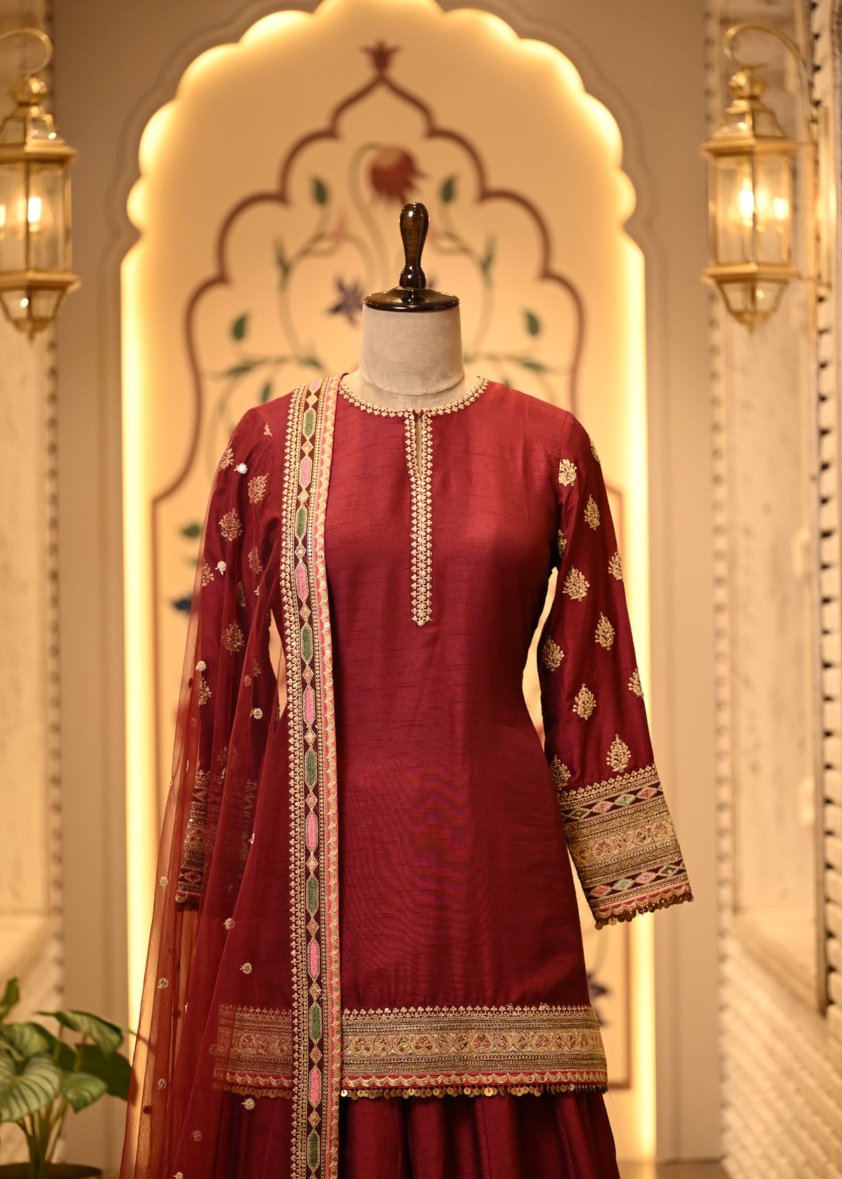 Niharika Maroon Raw Silk Suit Set with Sharara & Dupatta