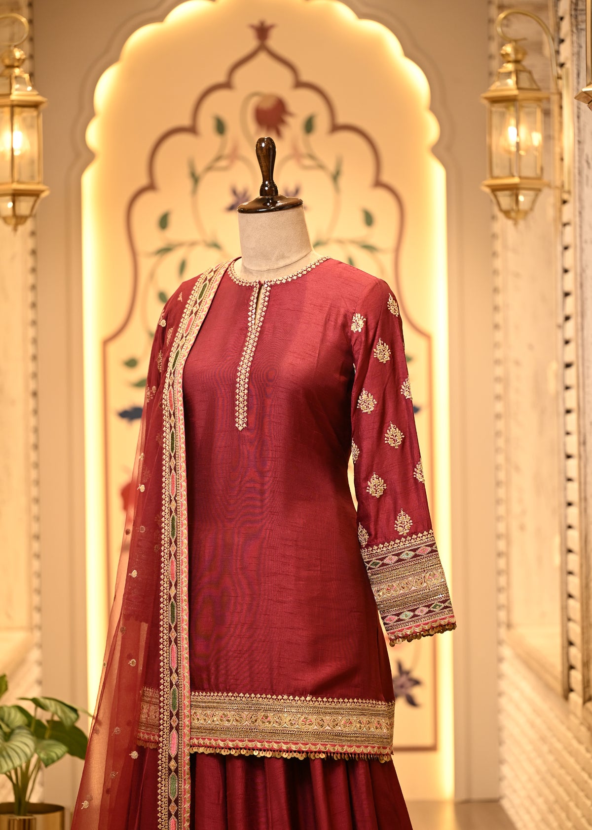 Niharika Maroon Raw Silk Suit Set with Sharara & Dupatta