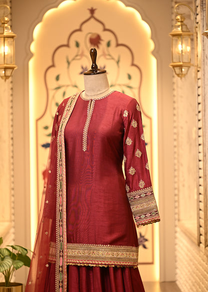 Niharika Maroon Raw Silk Suit Set with Sharara & Dupatta