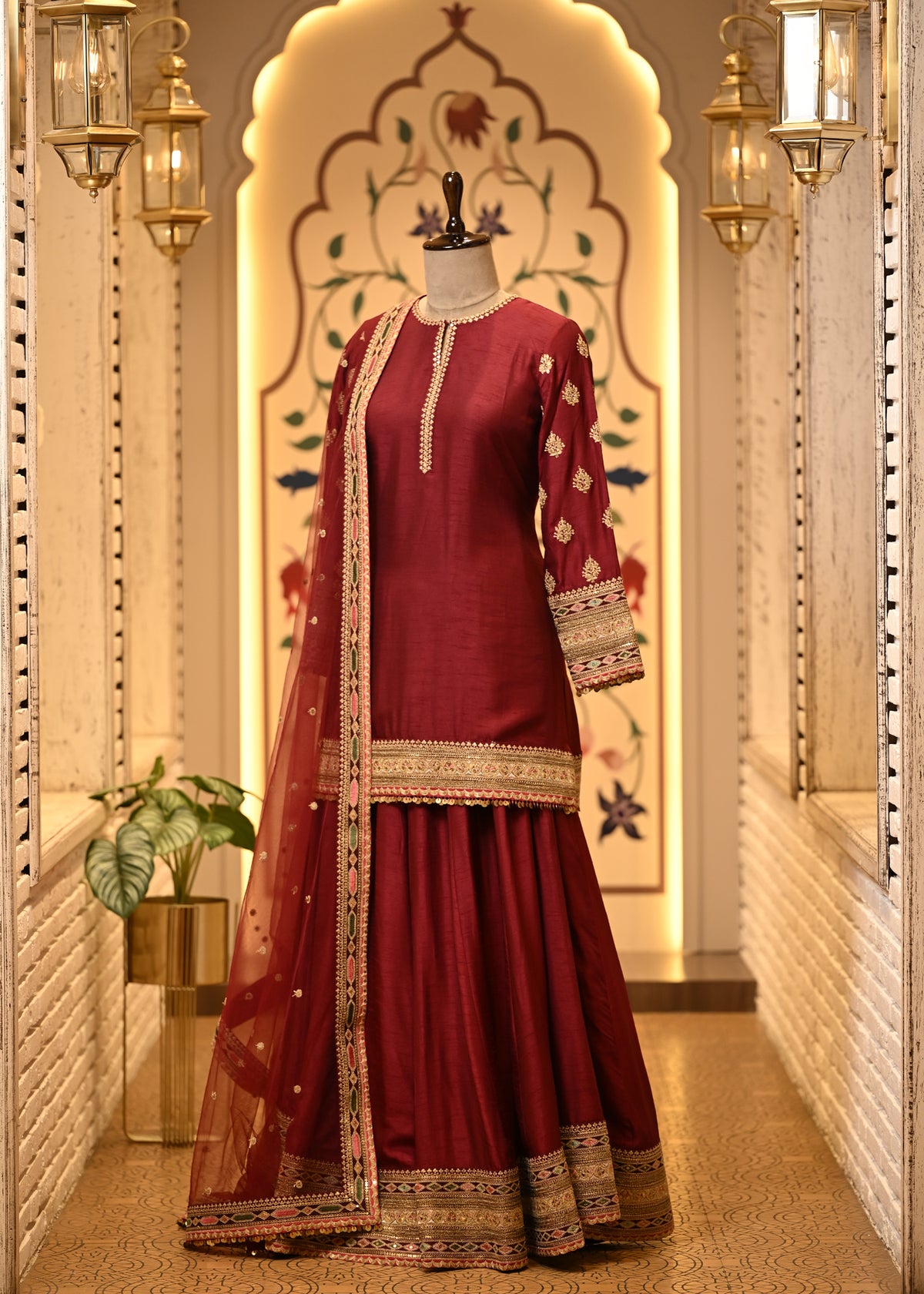 Niharika Maroon Raw Silk Suit Set with Sharara & Dupatta