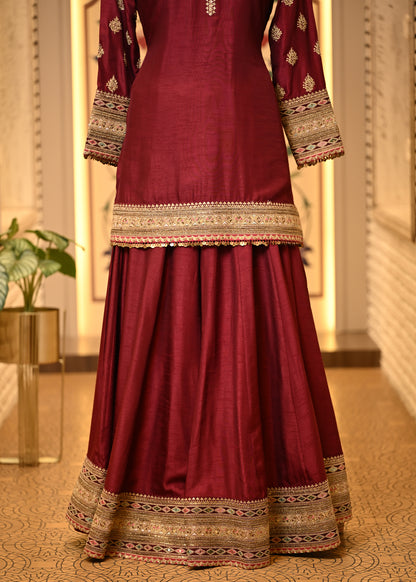 Niharika Maroon Raw Silk Suit Set with Sharara & Dupatta