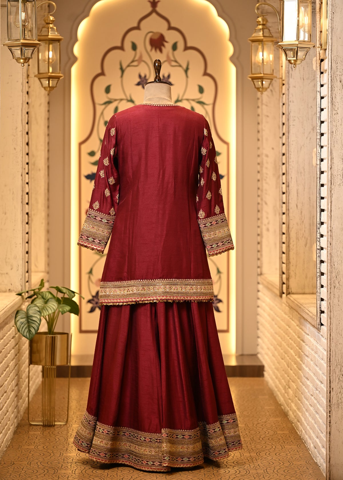 Niharika Maroon Raw Silk Suit Set with Sharara & Dupatta