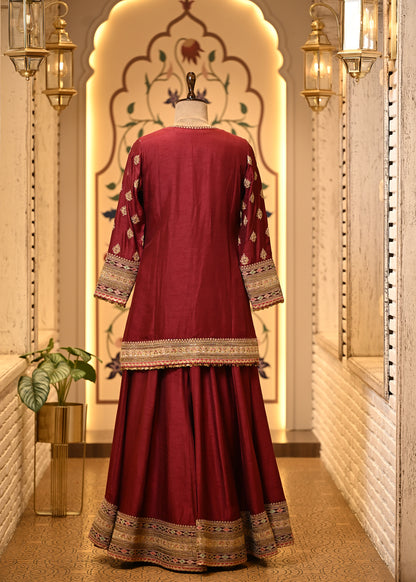 Niharika Maroon Raw Silk Suit Set with Sharara & Dupatta