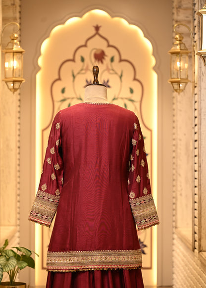 Niharika Maroon Raw Silk Suit Set with Sharara & Dupatta